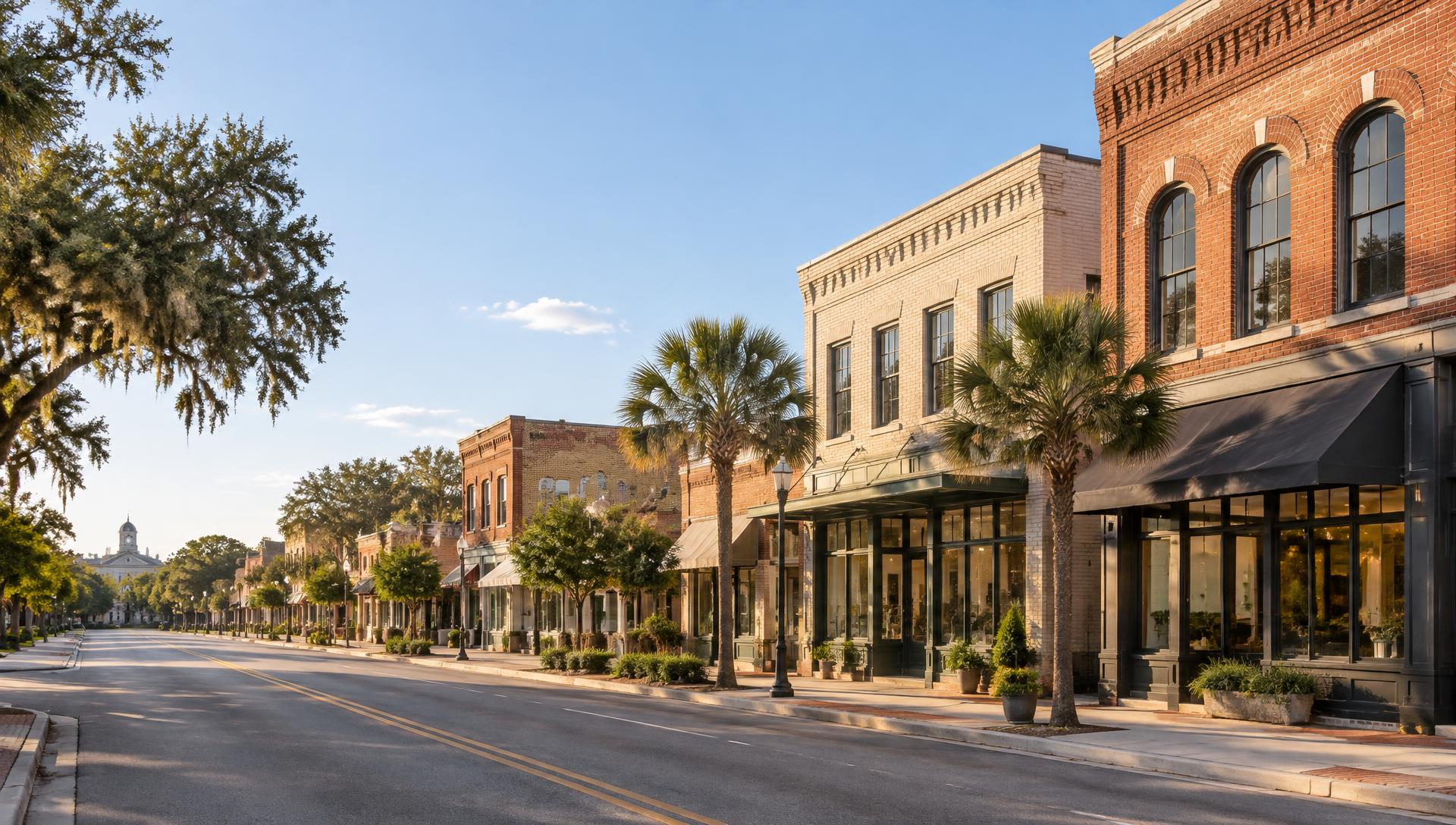 Illustrative North Florida downtown with brick commercial storefronts